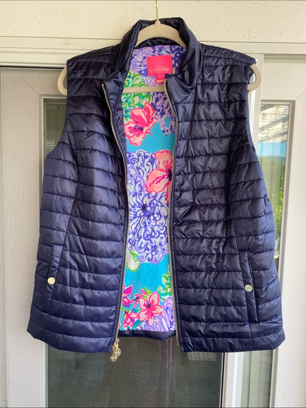 Lilly Pulitzer Navy Quilted Packable Vest with Gold Hardware